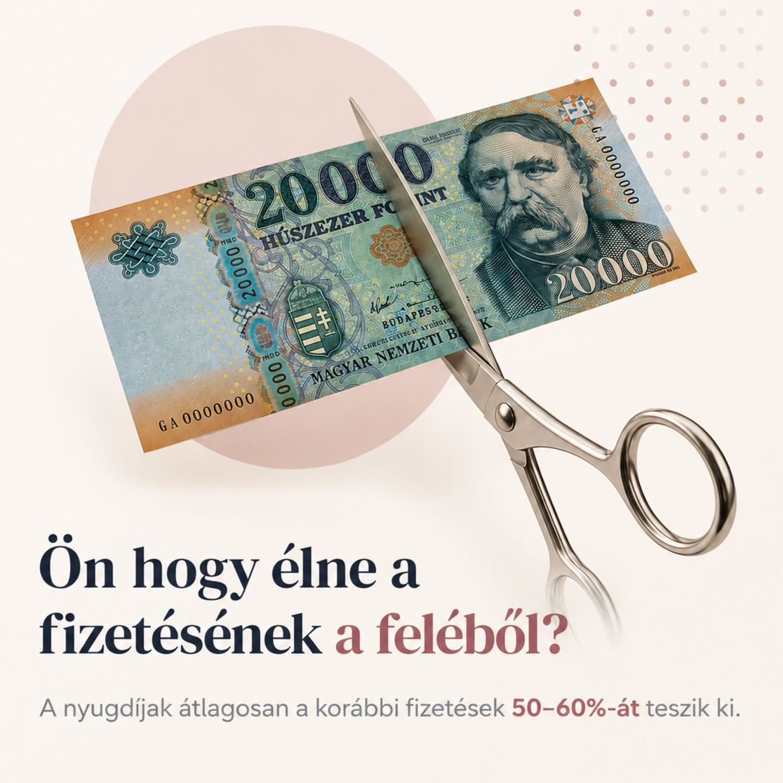 Ön hogy élne a fizetésének a feléből? – ollóval átvágott 20 000 forintos bankjegy. A nyugdíjak átlagosan a korábbi fizetések 50–60%-át teszik ki.